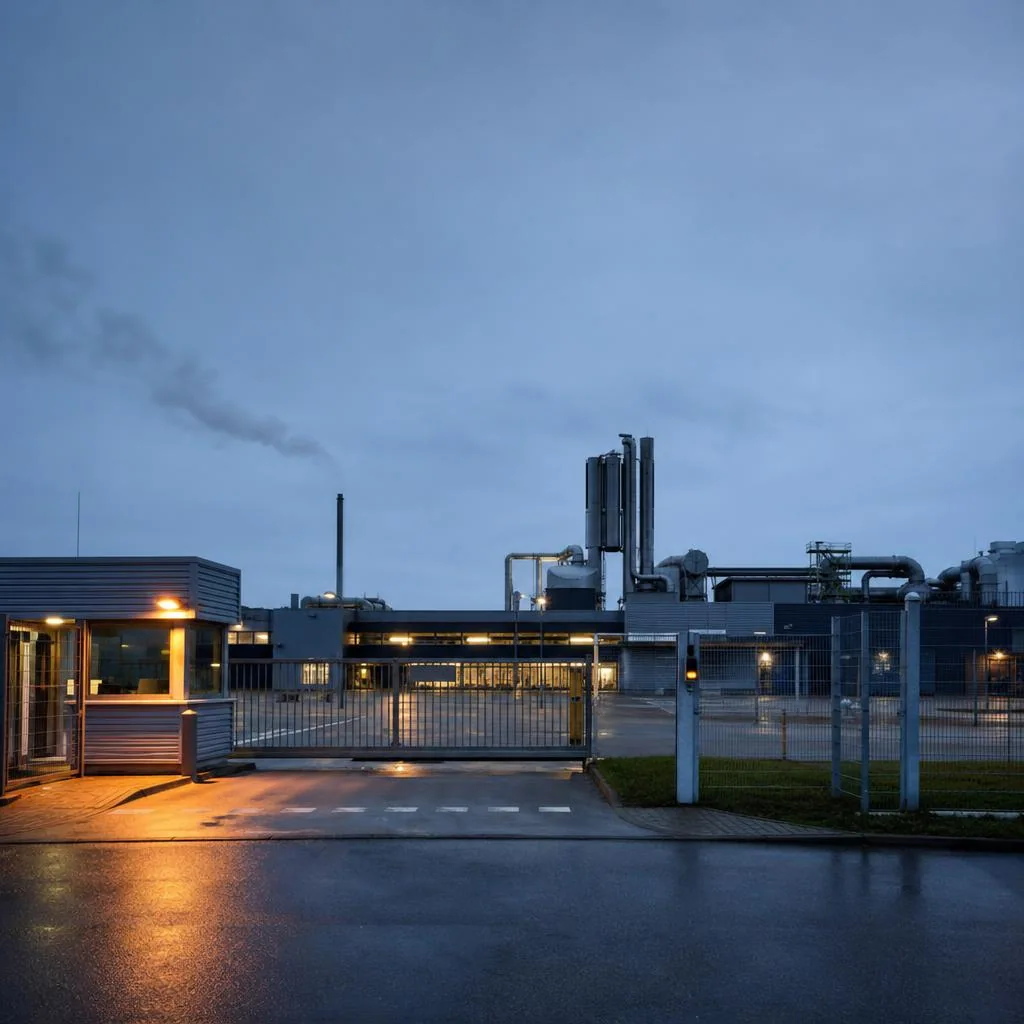 Illustrative Ansicht eines Industriestandorts mit kontrollierter Zufahrt