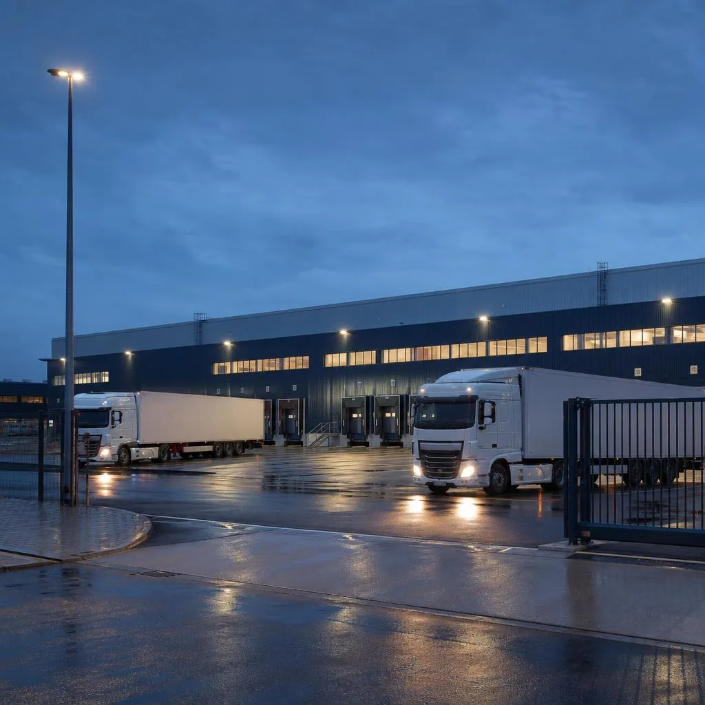 Illustrative Ansicht eines Logistikstandorts mit Lkw-Zufahrt