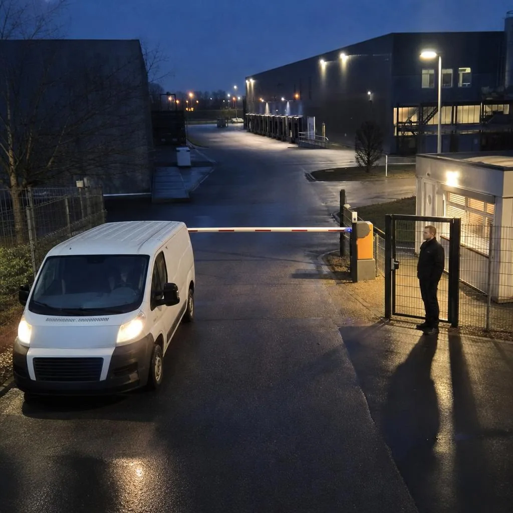 Illustrative Kameraansicht einer gewerblichen Zufahrt bei Dämmerung: links ein Lieferwagen, rechts eine Sicherheitskraft am Tor.